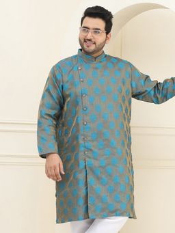 SOJANYA - Men Jacquard Silk Teal Blue Self Design Plus Size Long Kurta