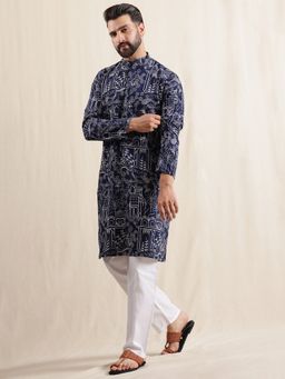 SOJANYA - Men Cotton Silk Kantha Thread Embroidered Navy Blue Long Kurta