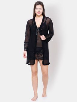 FashionRack - Women Net Solid Black Babydoll with Shrug (Set of 3)