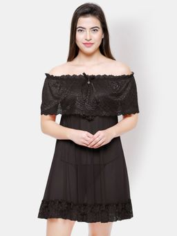 FashionRack - Women Net Solid Plain Black Babydoll (Set of 2)