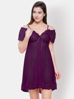 FashionRack - Women Net Solid Plain Purple Babydoll (Set of 2)