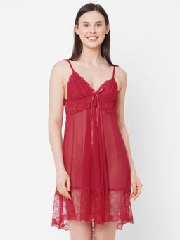 FashionRack - Women Net Self Design Maroon Babydoll (Set of 2)