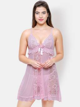 FashionRack - Women Net Self Design Pink Babydoll (Set of 2)
