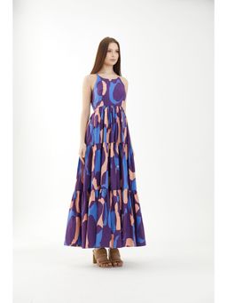 KoAi - Blue, Orange and Indigo Sleeveless Three Tier Dress