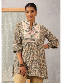 Lakshita - Grey Printed Yoke Embroidery Short Tunic