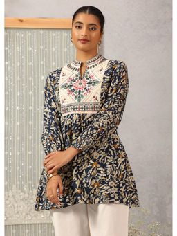 Lakshita - Navy Blue Printed Yoke Embroidery Short Tunic