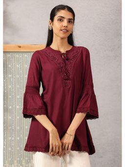 Lakshita - Ruby Wine Mandarin Neck Bell Sleeves Tunic