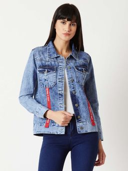 Miss Chase - Women's Light Blue Collared Full Sleeves Buttoned Twill Tape Denim Jacket