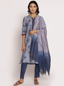 Shree - Women Muslin Grey Geometric Printed Kurta Trousers Dupatta (Set Of 3)