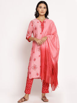 Shree - Women Muslin Pink Geometric Printed Kurta Trousers Dupatta (Set Of 3)