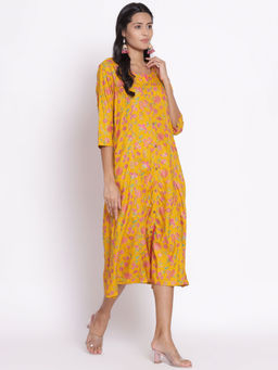 Shree - Women Rayon Mustard Floral Printed Dress