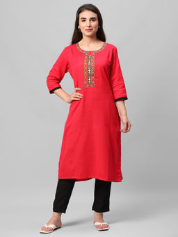 Shree - Women Cotton Fuchsia Embroidered Kurta