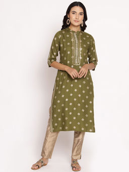 Shree - Women Rayon Olive Green Ornamental Printed Kurta