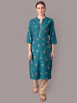 Shree - Women Muslin Turquoise Blue Ornamental Printed Kurta With Trousers (Set Of 2)