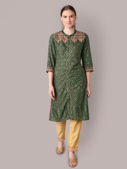Shree - Women Muslin Green Geometric Printed Kurta With Trousers (Set Of 2)