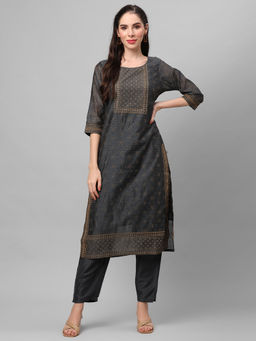 Shree - Women Chanderi Grey Ornamental Printed Kurta With Trousers (Set Of 2)