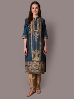 Shree - Women Poly Viscose Blue Ornamental Printed Kurta