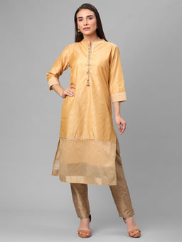 Shree - Women Chanderi Yellow Ornamental Printed Kurta