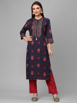 Shree - Women Rayon Blue Ornamental Printed Kurta