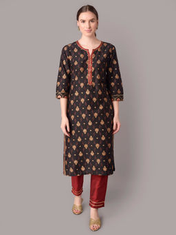 Shree - Women Poly Silk Black Ornamental Printed Kurta With Trousers (Set Of 2)