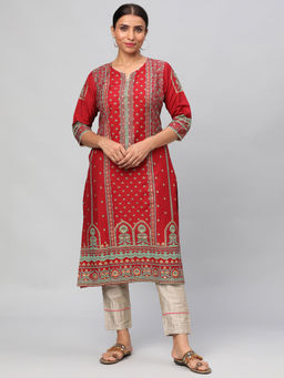 Shree - Women Poly Silk Maroon Ornamental Printed Kurta