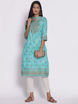 Shree - Women Rayon Turquoise Blue Ornamental Printed Kurta