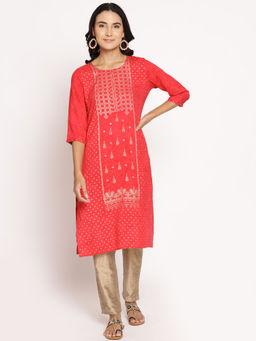 Shree - Women Rayon Red Ornamental Printed Kurta