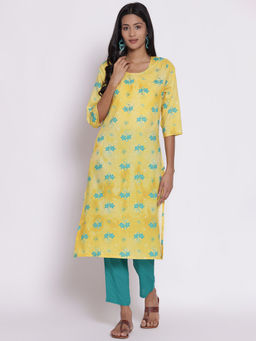 Shree - Women Rayon Yellow Floral Printed Kurta