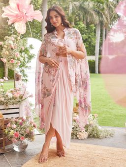 Label S4U - Pastel Pink Floral Printed Cape with Bustier and Skirt