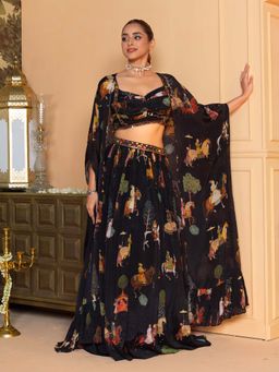 Label S4U - Black Miniature Printed Lehenga with Cape and Bustier