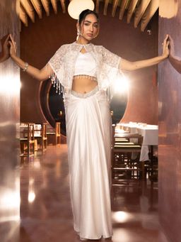 Label S4U - White Embroidered Cape with Bustier and Drape Skirt
