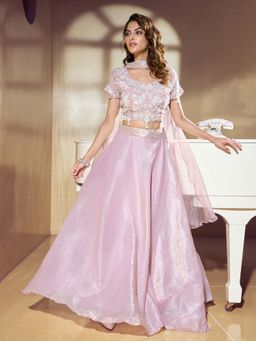 Label S4U - Pink Floral Embellished Blouse with Lehenga and Dupatta