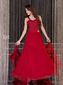 Label S4U - Red Embellished Corset with Skirt and Dupatta