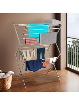 Kuber Industries - 2 Layer Steel Foldable Cloth Stand for Drying Cloth with 13 Hanger Rods Silver