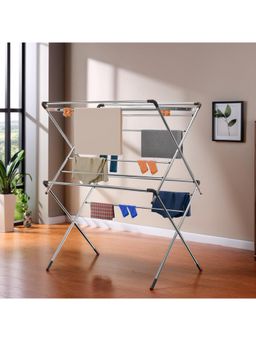 Kuber Industries - Stainless Steel 3 Layer Cloth Drying Stand Foldable 16 Rods Black & Silver