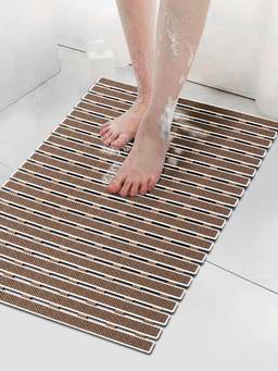 FABINALIV - Brown Striped Anti-Skid Rubber Shower Mat with Suction Cups