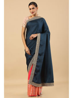 Soch - Blue Tussar Solid Saree with Unstitched