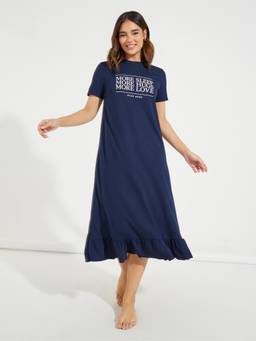 Styli - Women Navy Blue Typography Round Neck Nightdress