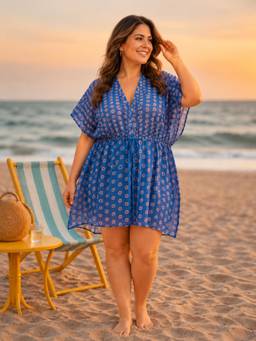 Oxolloxo - Women Plus Size Blue Floral Print Beachwear Kaftan Cover-Up