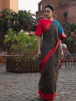 Beatitude - Grey Cotton Ghicha Saree With Unstitched Blouse