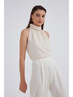 Sateen - Sleeveless High Neck Beige Solid Top