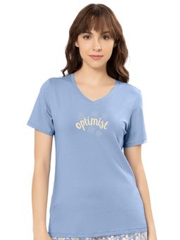 Amante - Solid Non Padded Non-wired Half Sleeve V-neck Pyjama Top Tee - Blue