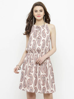 Sera - Beige Floral Print Knee Length Dress