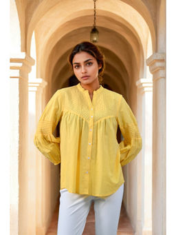 Zolo Label - Mustard Embroidered Cotton Top With Closed Neck & Three fourth Sleeves