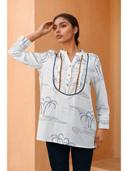 Zolo Label - White Printed Cotton Flex Mandarin NeckShirt With Full Sleeves
