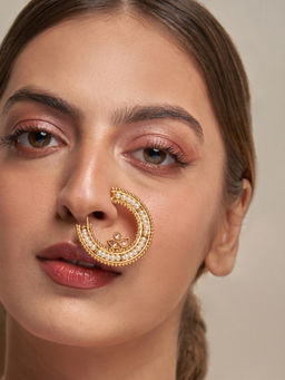 Azai by Nykaa Fashion - Minimal White & Gold Pearl Studded Nose Ring