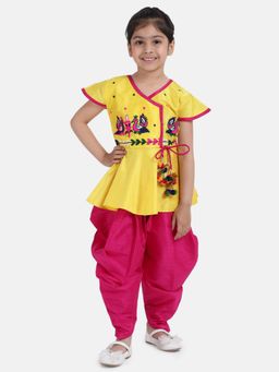 BownBee - Peacock Embroidery Peplum Dhoti for Girls- Yellow (Set of 2)