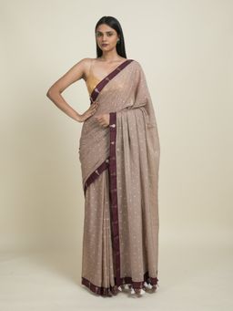 Suta - Beige Mul Cotton Wine Border Saree