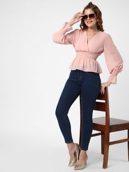 R&B - Women Pink Polyester Ruffled Sleeves Top