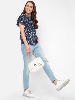 R&B - Women Navy Blue Polyester Ruffled Sleeves Top